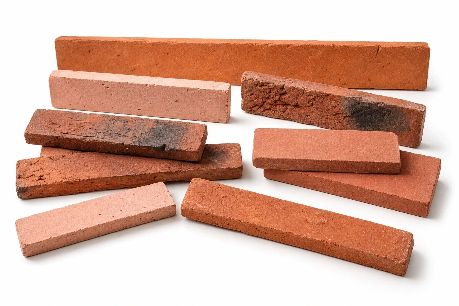 Düz kesim, eskitme ve harman yüzeyli farklı terrakota tuğla kaplama numuneleri